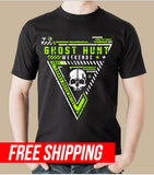 The 2021 Official Thomas House Ghost Hunt Weekends Event Tee Shirt in White and Safety Yellow on a black soft fitted shirt.