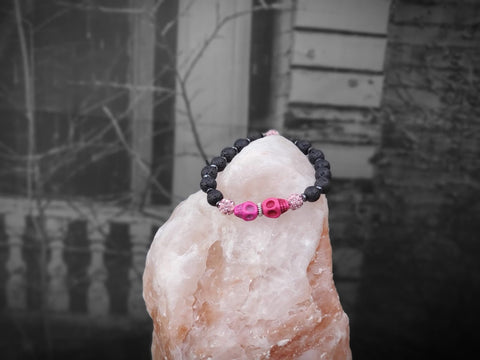 Pink Skulls with Pink Czech Crystals with Lava Stone Bracelet