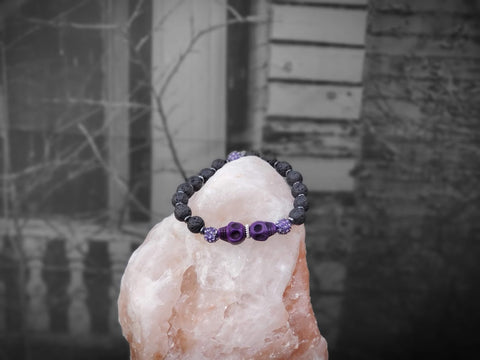 Purple Skulls with Purple Czech Crystals and Lava Stone Bracelet