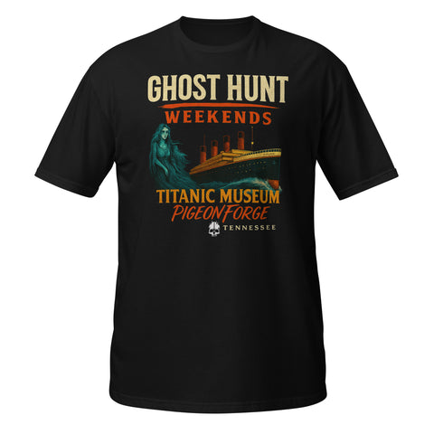 Black T-Shirt Mockup of Titanic Pigeon Forge Ghost Hunt Weekends Event.