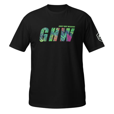 The Ghost Hunt Weekends Tropi-Corps Graphic Tee with the iconic GHW Skull Logo  on the sleeve. Show off your love for the paranormal while still looking stylish. 