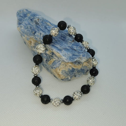 White Czech Crystals and Lava Stone Bracelet
