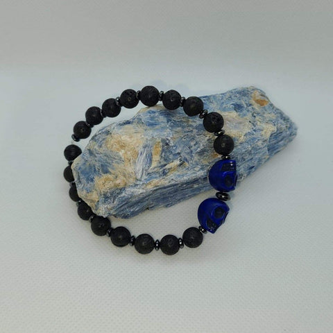 Unisex Blue Skulls and Lava Stone Bracelet