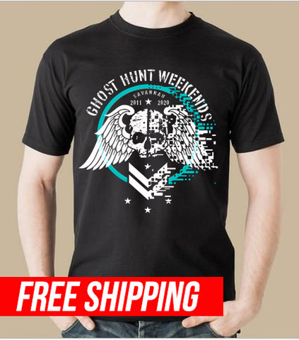 Get the best in ghost hunt weekends apparel and ghost hunting gear while sporting this digital age 9th anniversary official event graphic tee shirt for the Moon River Brewery in Savannah, GA 