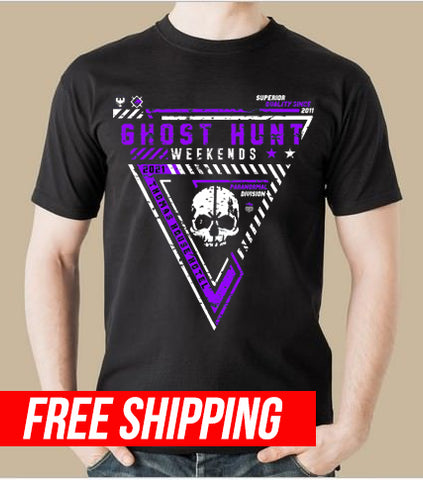 The 2021 Official Ghost Hunt Weekends purple event graphic tee shirt. 
