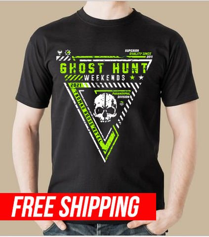 The 2021 Official Thomas House Ghost Hunt Weekends Event Tee Shirt in White and Safety Yellow on a black soft fitted shirt.