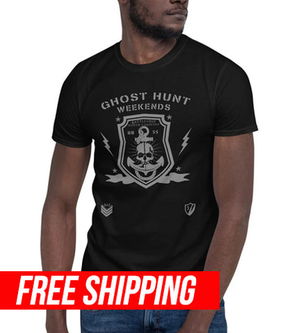 Relive and represent the haunted Battleship North Carolina as a Ghost Hunt Weekends favorite location with this ultra soft cotton shirt printed in battleship grey ink.