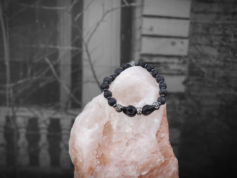 Black Skulls and Metalic Czech Crystals with Lava Stone Bracelet