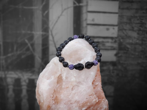 Black Skulls with Purple Czech Crystals and Lava Stone Bracelet