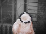 Black Skulls with White Czech Crystals and Lava Stone Bracelet