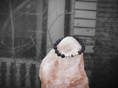 Unisex White Skulls and Lava Stone Bracelet